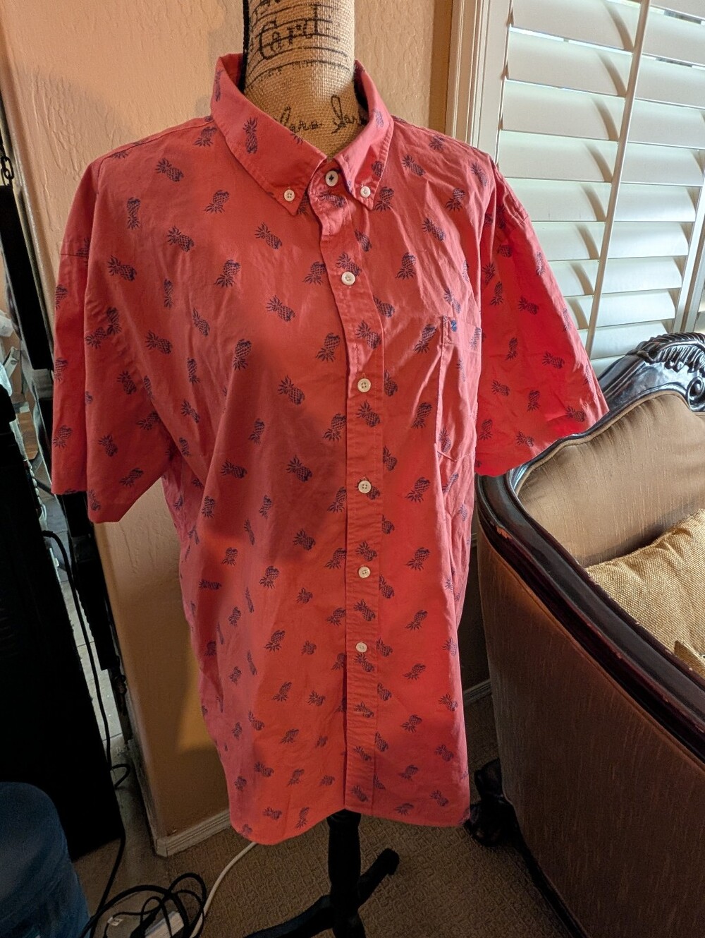 Izod Coral Button-Down Short Sleeve Shirt with Pineapple Motif
